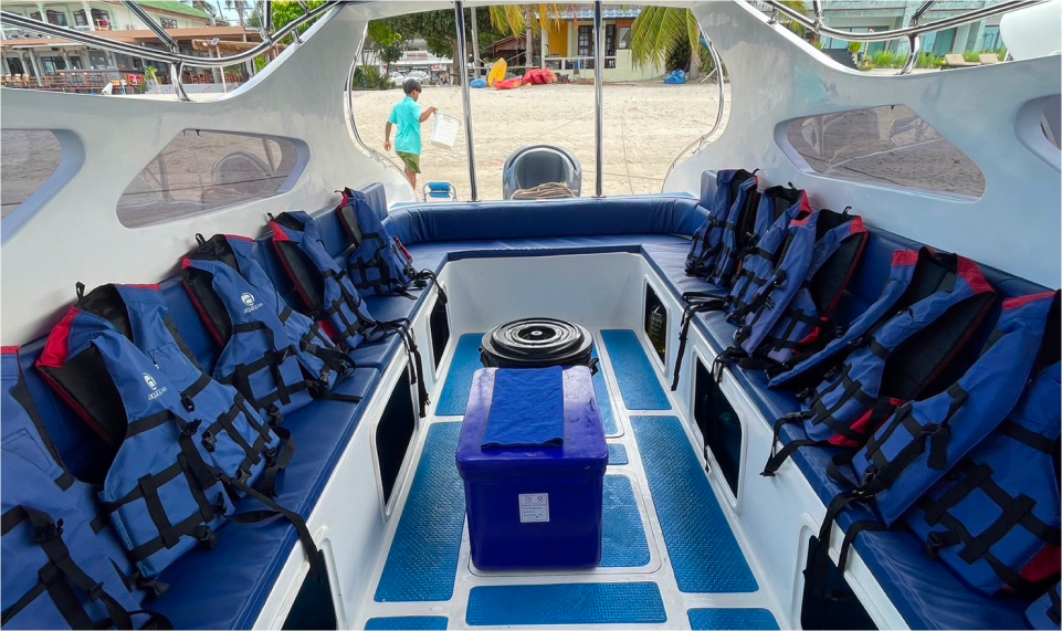 Interior view of a private speedboat with life vests on Samui boat tours